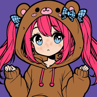 cute anime girl with ponytails and a cute bear hoodie