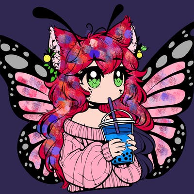 a realistic butterfly/furry girl drinking boba