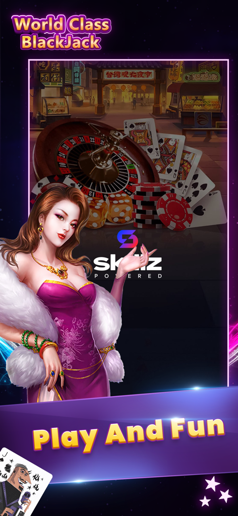 Poker Slots BlackJack 21 - Pantalla promocional de Poker Slots BlackJack 21 con un personaje glamuroso, iconos de juegos de casino y marca Skillz.