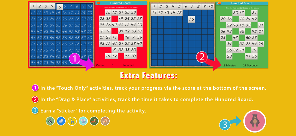 Hundred Board School Edition - Extra features of Hundred Board app showing score tracking timer and sticker rewards