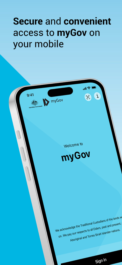 Welcome screen of the Australian Government myGov mobile app on a smartphone