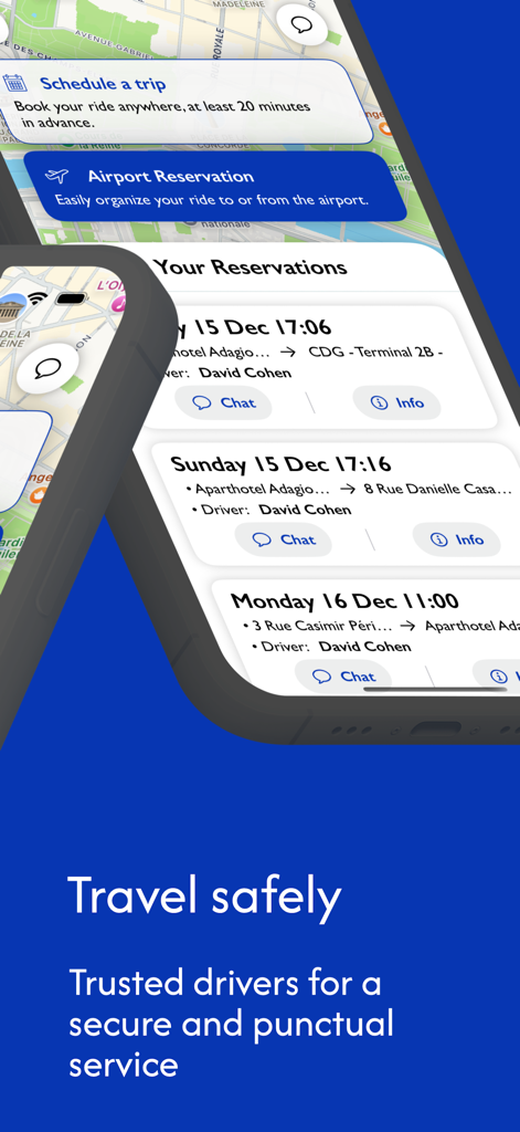 Interface of the Monite app showing scheduled trips and airport reservations for travelers in France.