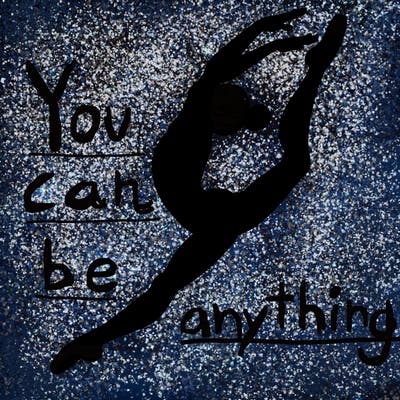 gymnast doing a leap in a leotard with a bent back leg