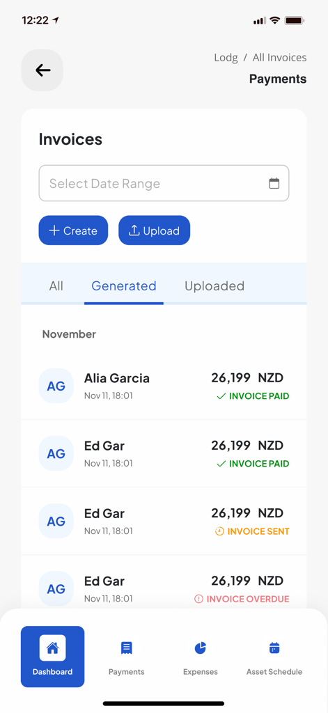 Lodg NZ - Lodg NZ app screen displaying a list of generated invoices with payment statuses.