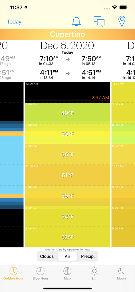 Golden Hour! - Interface do aplicativo Golden Hour exibindo horários do sol e detalhes de temperatura