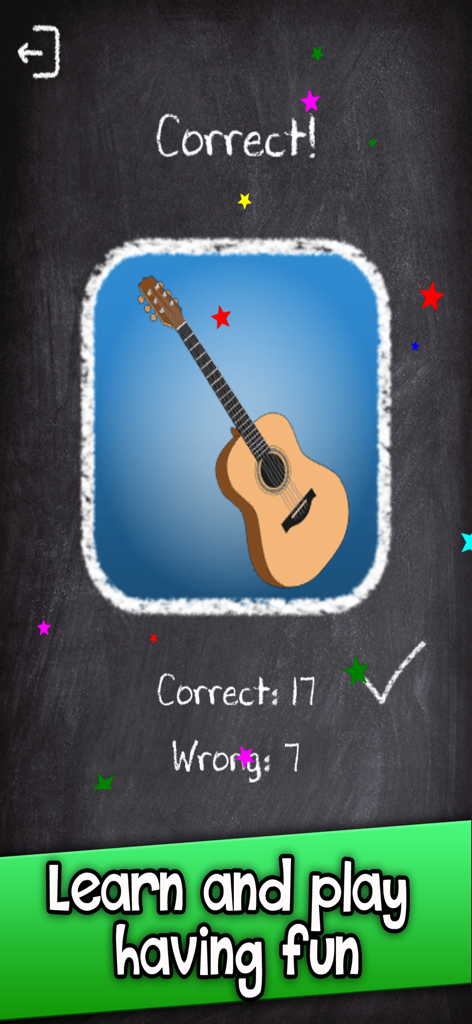 Una pantalla de la aplicación Adivina los sonidos que muestra una respuesta correcta para una guitarra con fondo de pizarra
