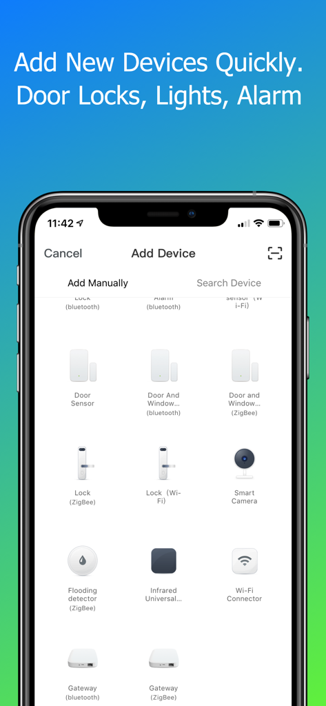Eclipse Home 모바일 앱 인터페이스, 도어락 및 카메라와 같은 스마트 장치 추가용