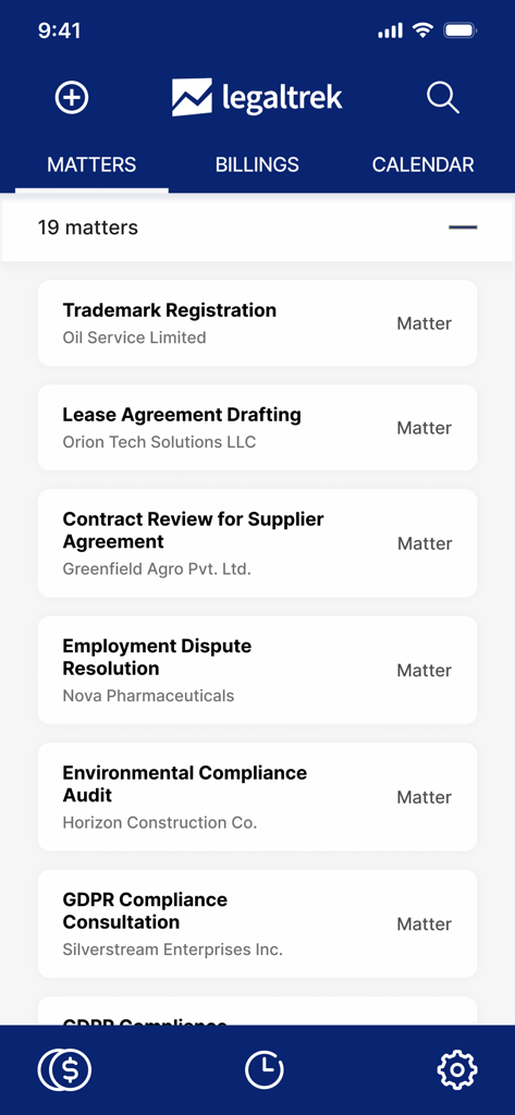 LegalTrek mobile - LegalTrek mobile app matters dashboard displaying a list of active legal cases like trademark registration and lease agreement drafting