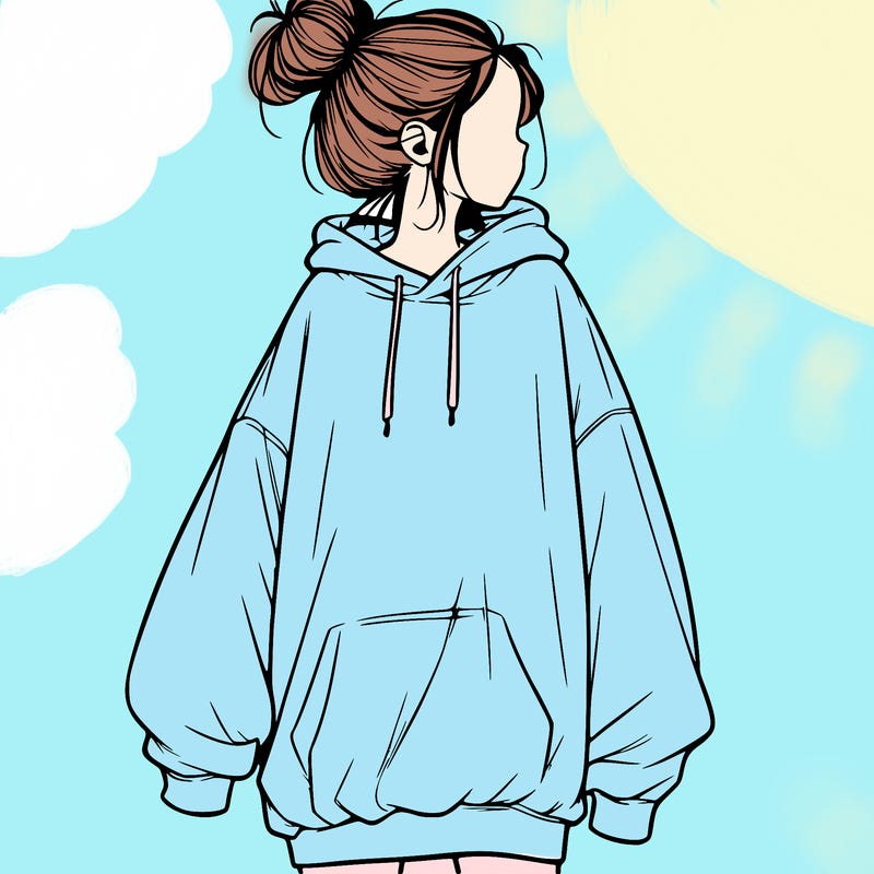 realistic girl with a oversized sweatshirt on and a bun