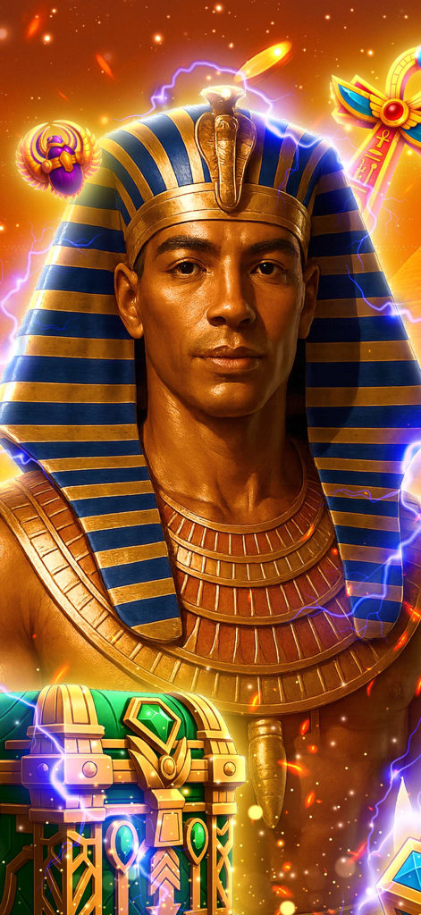 A realistic illustration of an Egyptian pharaoh wearing a Nemes headcloth surrounded by a glowing scarab and ankh