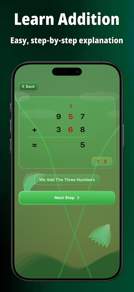 Learn Addition: Math Kids - Interfaz de la aplicación Learn Addition Math Kids que muestra una guía visual paso a paso para la suma vertical con reagrupación