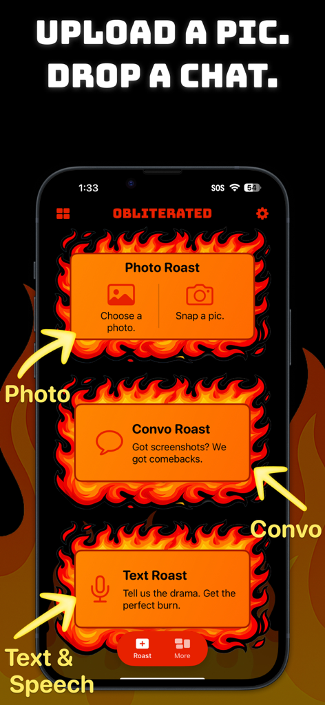 Roast Bot: Savage Comebacks - Interface of the Roast Bot app displaying options for photo, convo, and text roasts.