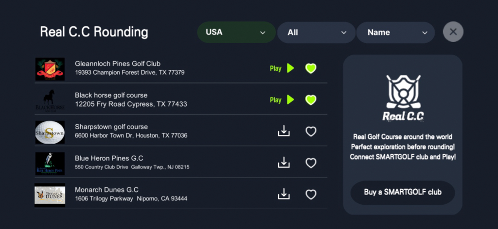 SmartGolf AI Analyzer - Interface of the SmartGolf AI Analyzer app showing a list of real golf courses available for virtual practice rounds
