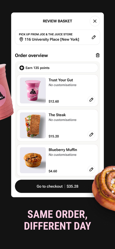 Joe and the Juice mobile app review basket screen showing a juice, steak sandwich, and muffin for pickup in New York.