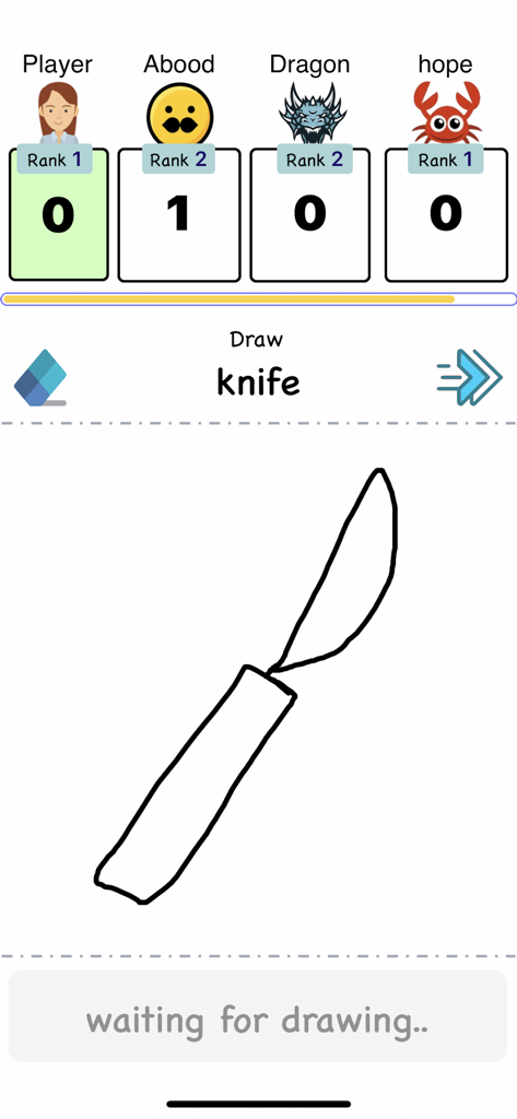 Draw Fast - Gameplay of Draw Fast showing a doodle of a knife and a leaderboard