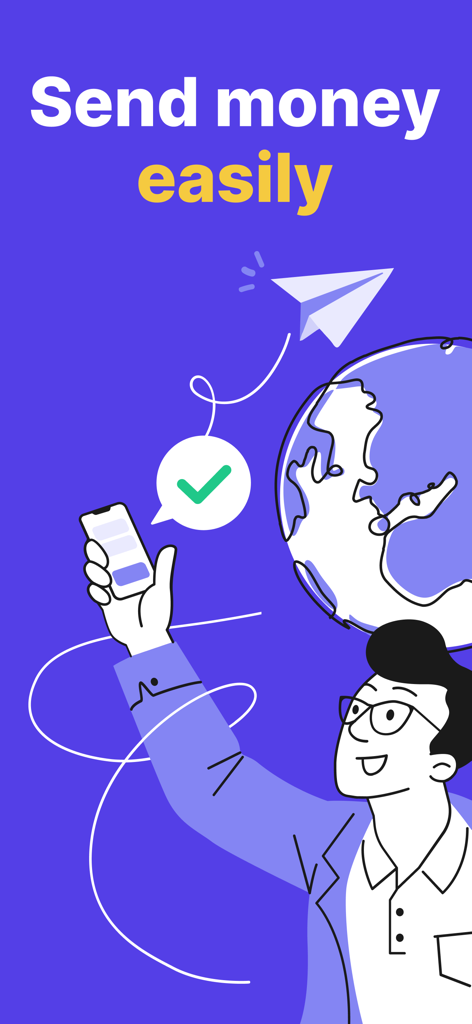 Profee: Money Transfer Online - Profee app illustration showing global money transfers with the text Send money easily