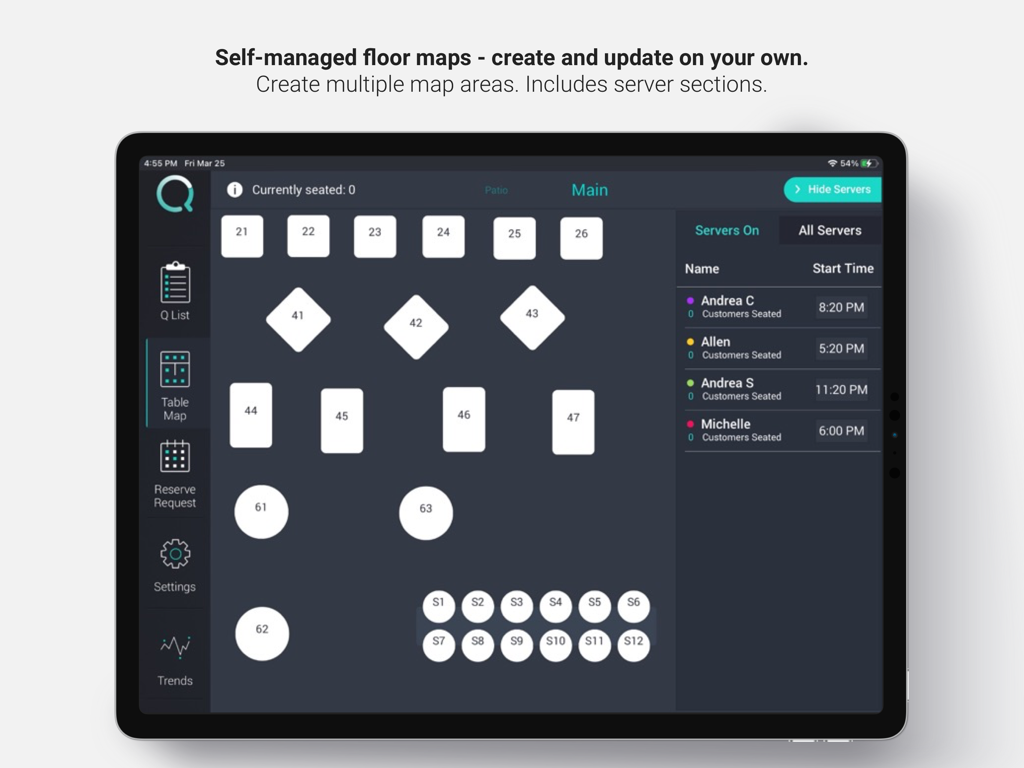 Q Host Restaurant App - Anpassbarer Restaurant-Grundriss und Serververwaltung in der Q Host App iPad-Oberfläche