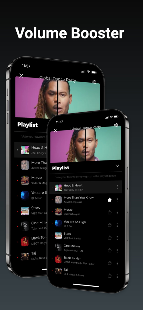 Strobe Light - Flash Beats - Two smartphones displaying the Flash Beats app synchronized playlist and volume booster feature