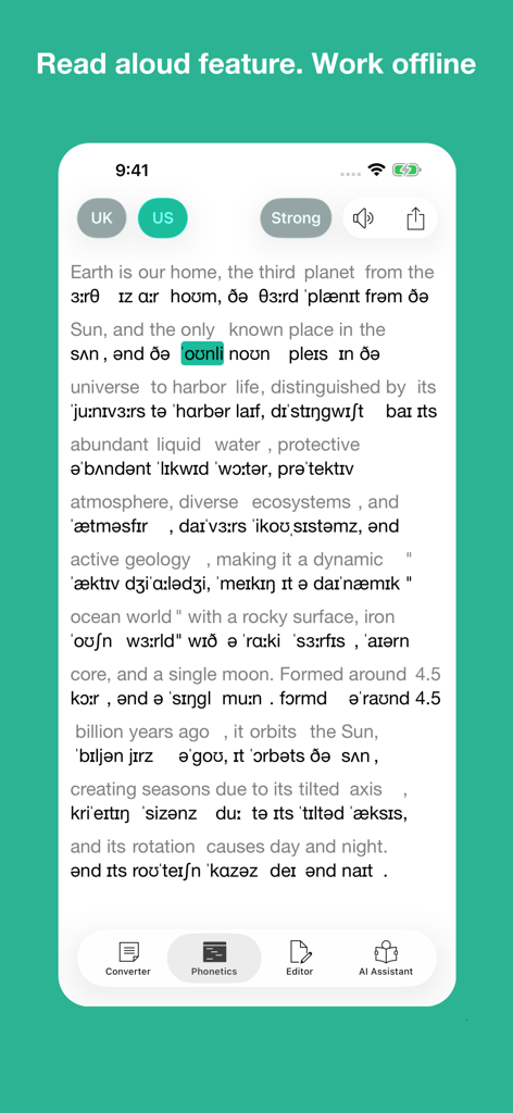 Mobile app screen showing English text with its phonetic transcription for US pronunciation.