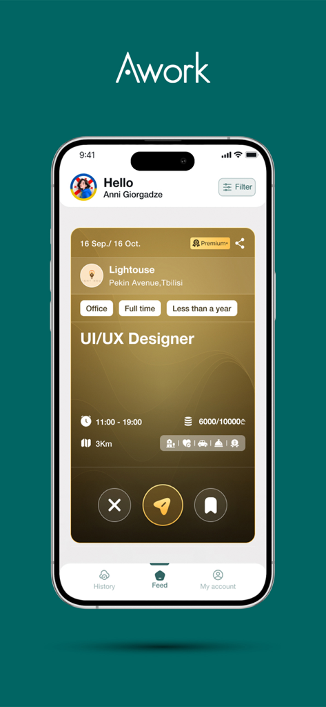 Awork app mobile screen displaying a UI UX Designer job vacancy with a swipe to apply interface