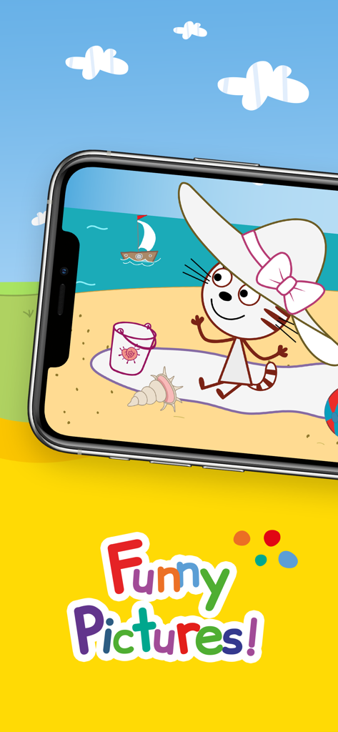 Kid-E-Cats: Draw & Color Games - Kid-E-Cats character Candy wearing a sunhat at the beach in the drawing and coloring app