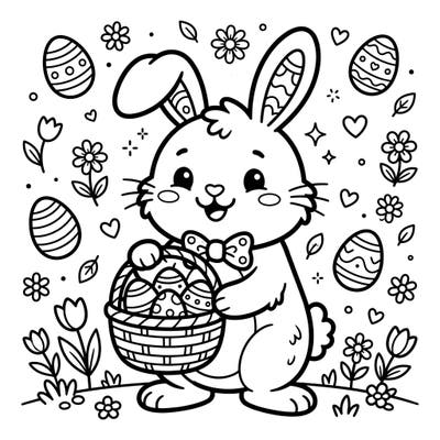 Bring joy to your Easter celebration with this charming Kawaii Easter Bunny coloring page. This delightful design features an adorable bunny holding a basket brimming with festive eggs, ready for your creative touch.