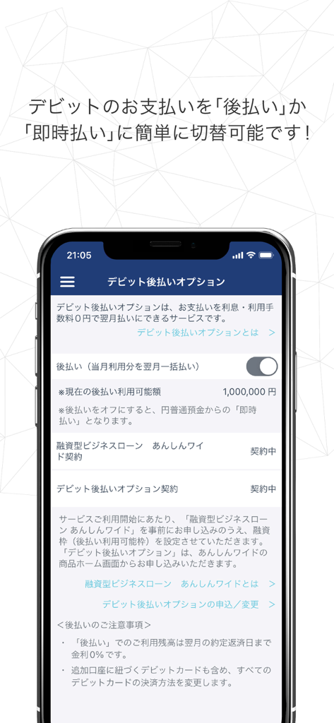 GMOあおぞらネット銀行 法人口座アプリのデビット払いオプション表示画面