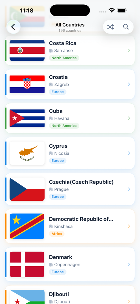 Geography Games. - A list of world countries featuring flags, capitals, and continents in the Geography Games app.