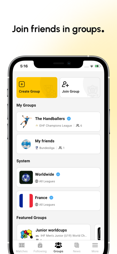 Handball Hub app interface showing the groups screen to join or create handball fan communities.