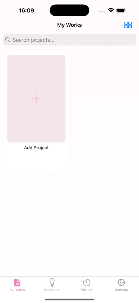 TexSmith writing app My Works screen with project search and add project button