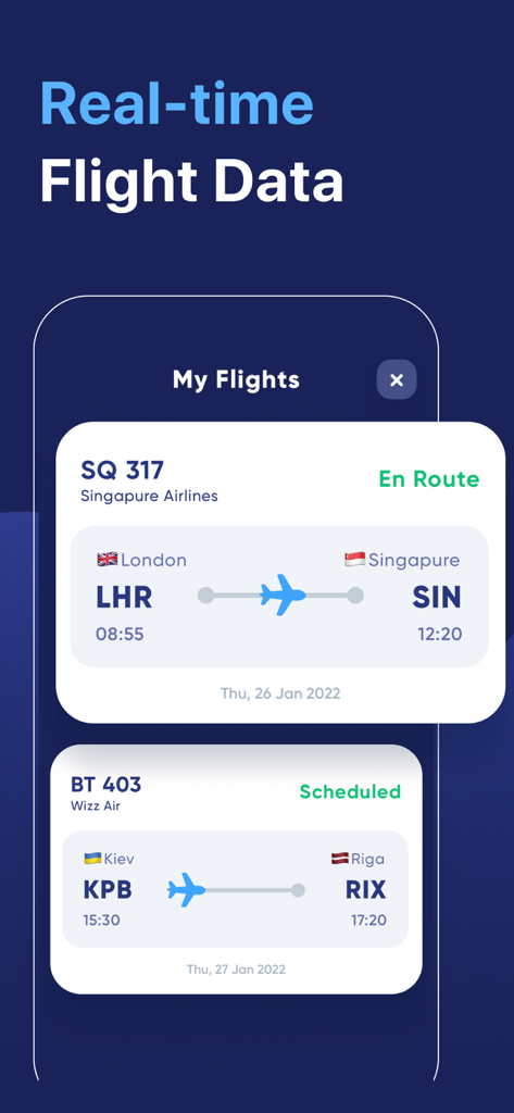 Mobile app interface showing real-time flight data for Singapore Airlines and Wizz Air in the My Flights section