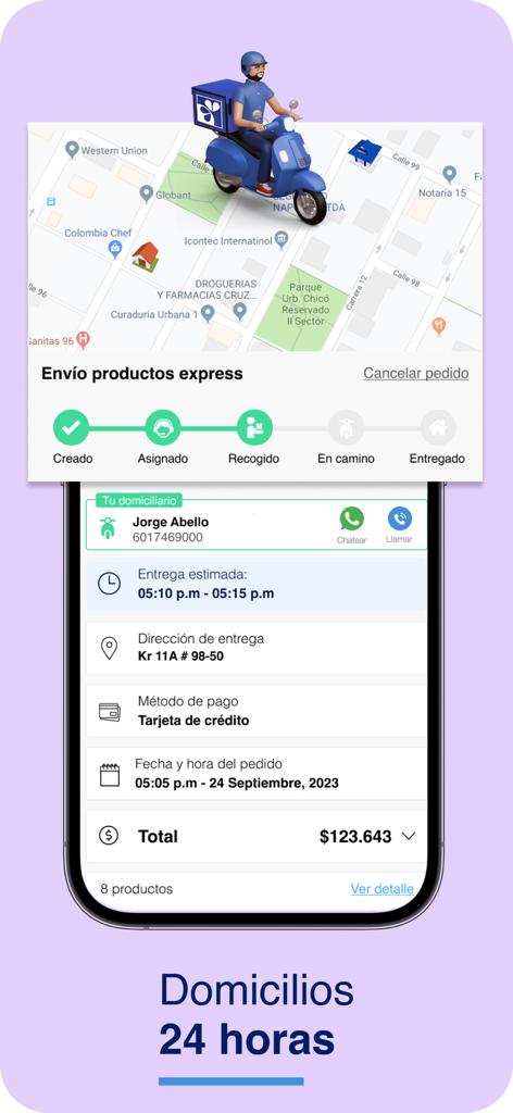 Interface of the Farmatodo app showing real-time order tracking and 24-hour delivery service information