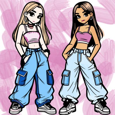 2 teen girls wearing baggy cargo jeans and crop tops
