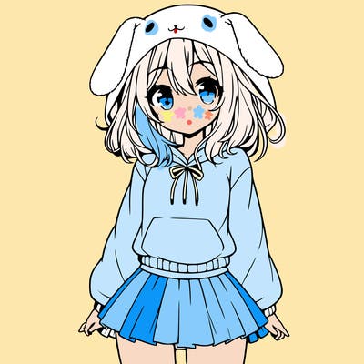 pretty anime girl wearing a fluffy hoodie with bunny ears on the hood and a skirt