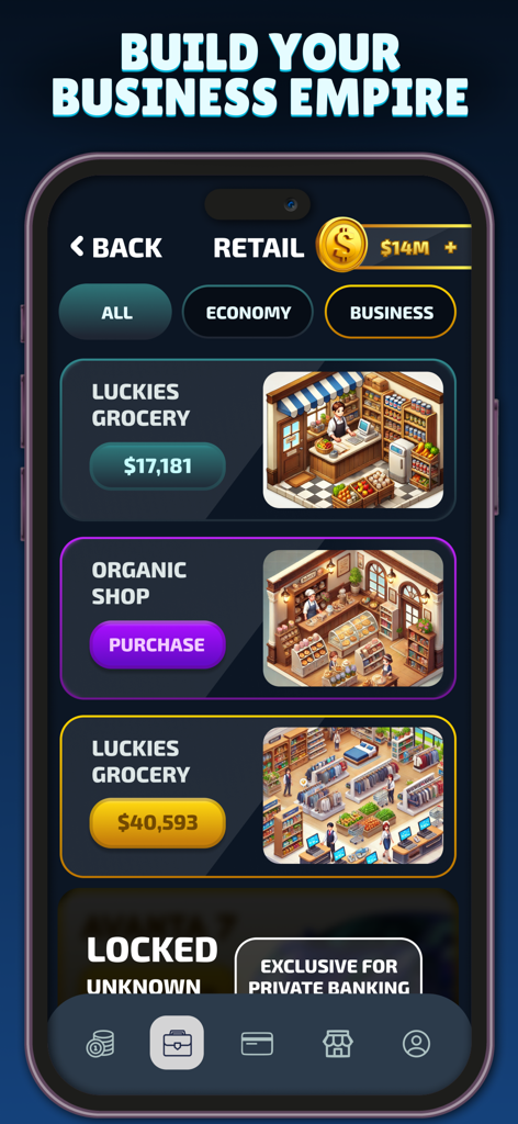 Money Clicker: Business Tycoon - Interfaz de gestión de negocios minoristas en el juego Money Clicker que muestra tiendas comprables.