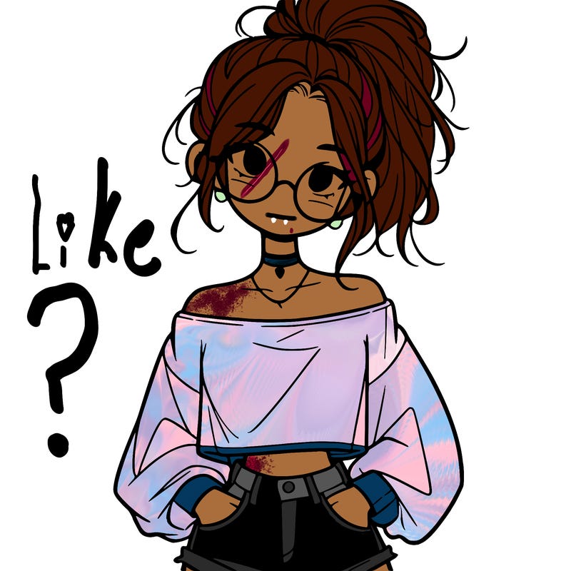 girl with a messy ponytail glasses a baggy crop top and jean shorts