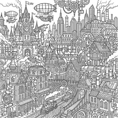 Embark on a captivating coloring journey through an incredibly detailed Steampunk city, meticulously designed for adult artists. This intricate page combines Victorian architecture with futuristic machinery, offering hours of engaging creative exploration.