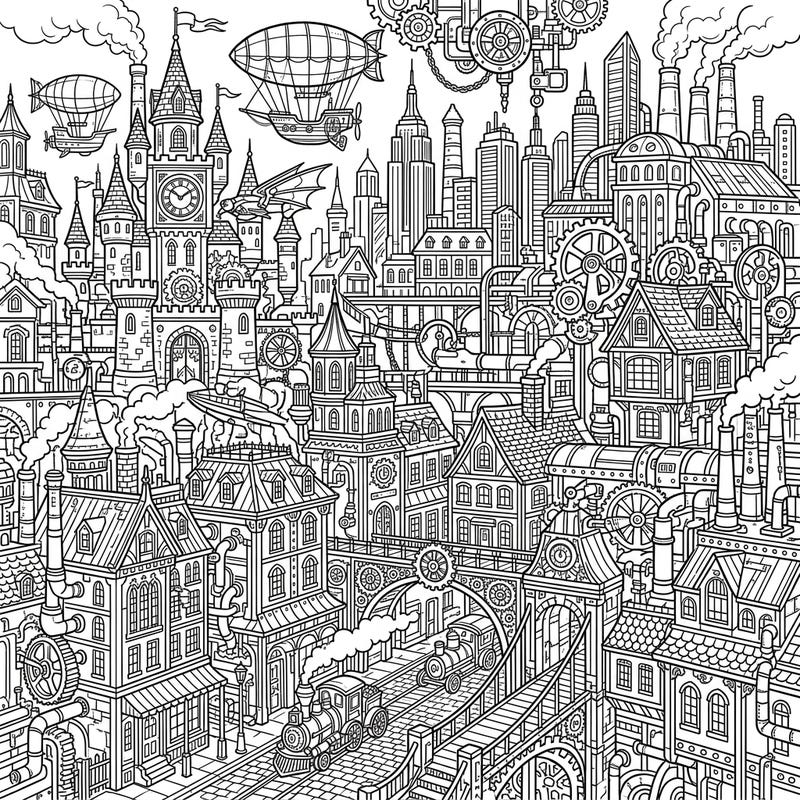 Embark on a captivating coloring journey through an incredibly detailed Steampunk city, meticulously designed for adult artists. This intricate page combines Victorian architecture with futuristic machinery, offering hours of engaging creative exploration.
