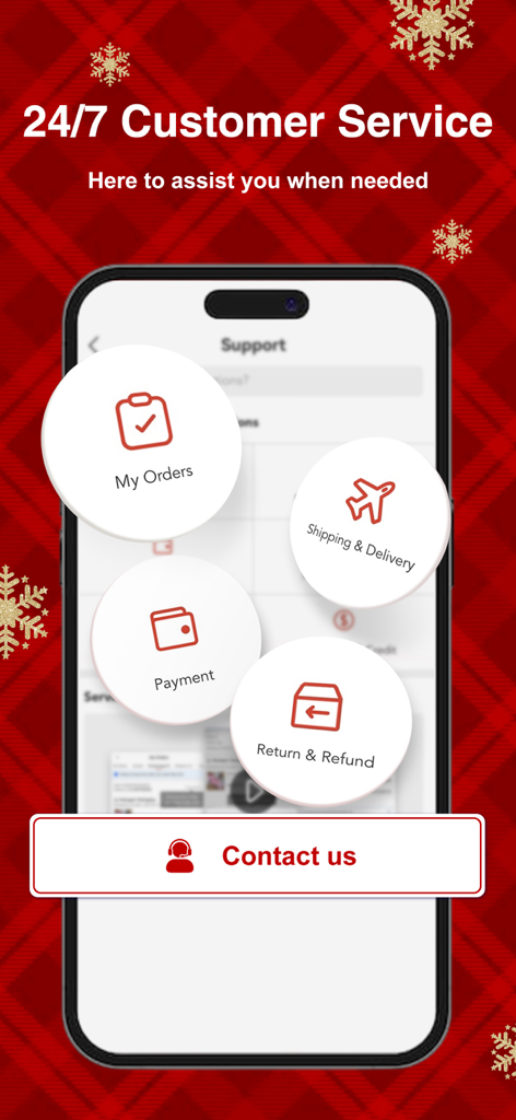 Captura de pantalla de la página de soporte de la aplicación LightInTheBox que presenta opciones de servicio al cliente 24/7 para pedidos, envíos, pagos y reembolsos.