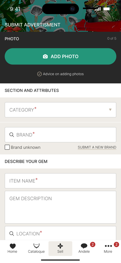 Interface of the Andele Mandele app showing the submit advertisement form to list items for sale