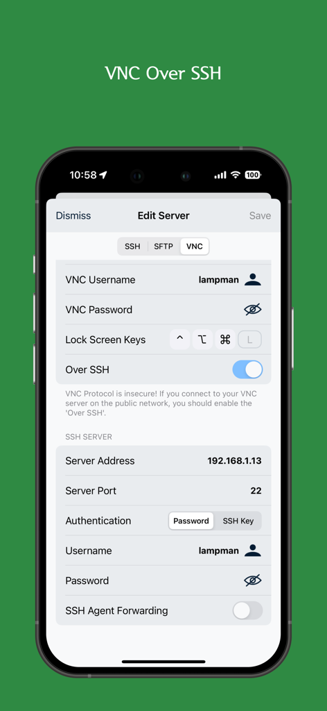 Xany app interface showing VNC over SSH server configuration settings