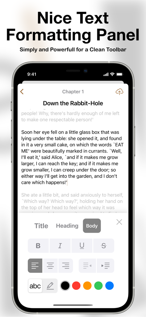 eScribo - eScribo mobile app showing text formatting options for creative writing on an iPhone screen