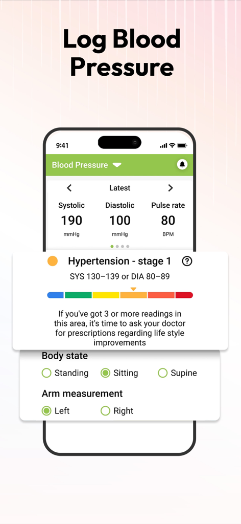 BP & Heart Rate Monitor - Mobile app interface showing blood pressure logging with systolic and diastolic readings and hypertension stage classification