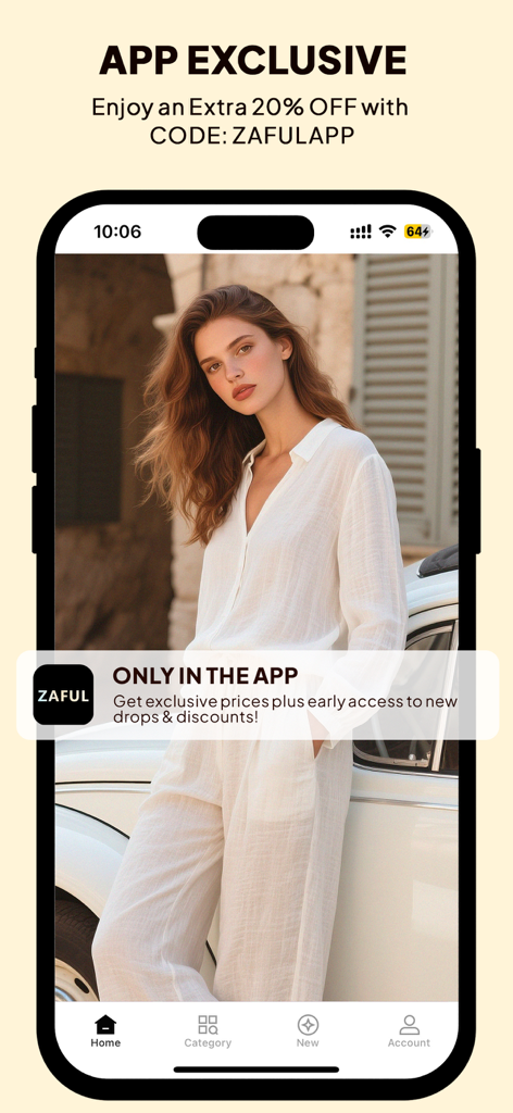 Pantalla de la aplicación móvil de Zaful que muestra un código de descuento promocional del 20 por ciento y a una mujer vestida de blanco