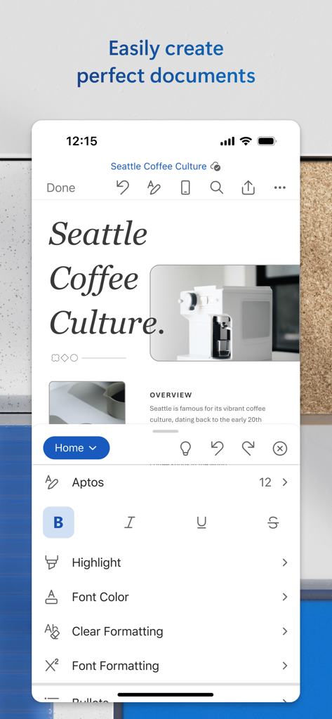 Microsoft Word mobile app interface showing document formatting tools and text editing options.