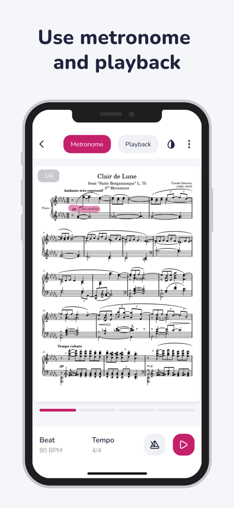 Maestro Amadeus - Sheet Music - Maestro Amadeus App zeigt Noten für Clair de Lune mit Metronom- und Wiedergabeeinstellungen