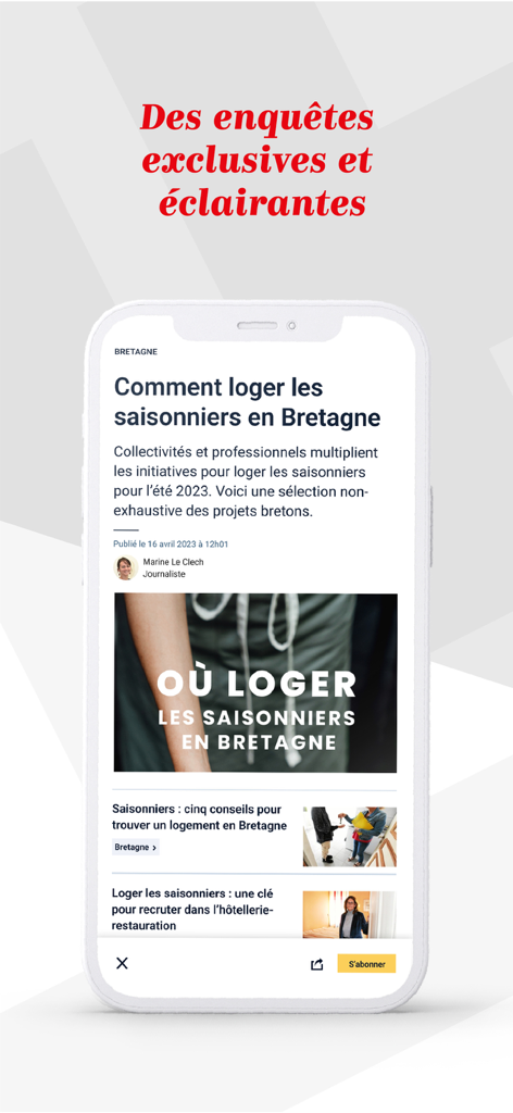 Le Télégramme - Info Bretagne - A smartphone showing a news article from the Le Telegramme app about seasonal housing in Brittany