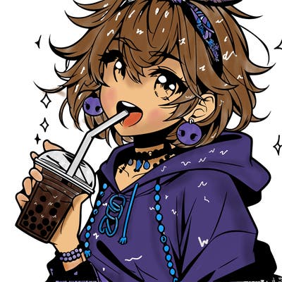 hot baddie anime girl drinking boba and biting the straw