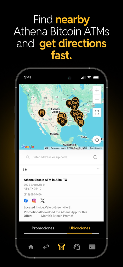 Map showing Athena Bitcoin ATM locations across the USA within the mobile app