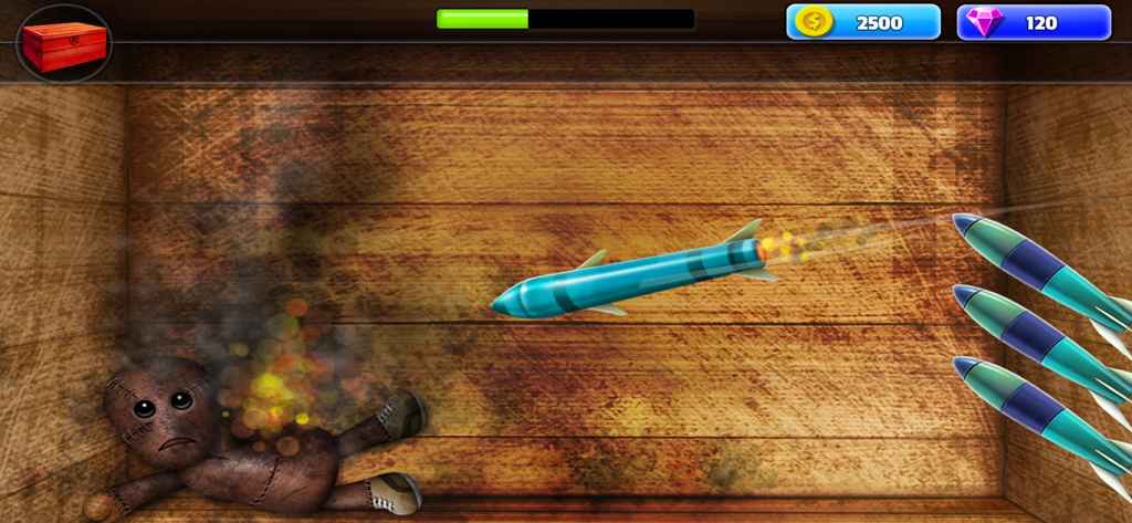 Smash The Ragdoll - Kill Dude - A voodoo doll ragdoll being hit by blue missiles in a wooden box.